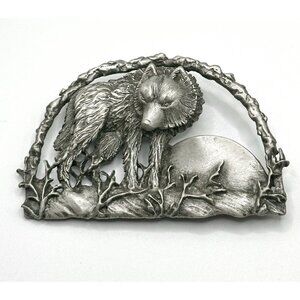 Vintage JJ Jonette 3D Wolf Pin‎ Brooch Wolves in Woods With Moon Metal